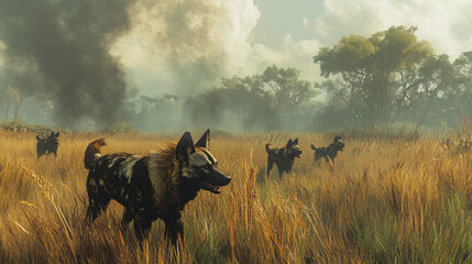 A pack of wild dogs hunting in the savannah