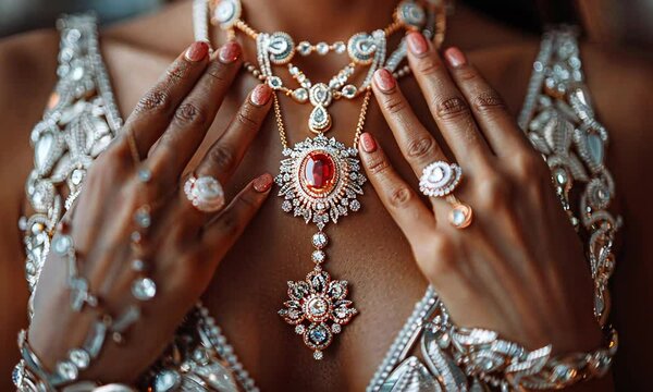 Opulent Ruby Necklace and Rings: Close-up of a woman's hands delicately showcasing a stunning ruby pendant necklace and diamond rings, exuding luxury and elegance.