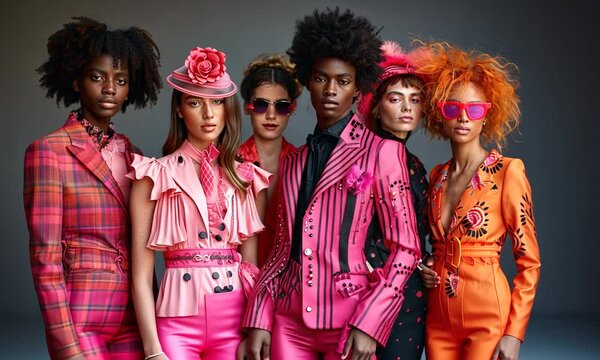 Pink Powerhouse Fashion Show: Bold and vibrant, a diverse group of models commands attention in a striking display of pink and orange fashion.