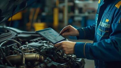 A mechanic uses a digital tablet to inspect a car engine.