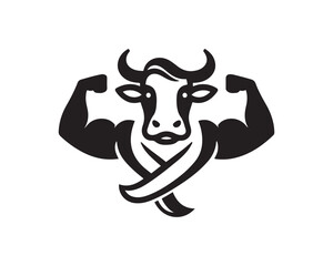 Strong powerful cow gym logo vector illustration. Cow graphic silhouette black and white.