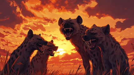 A pack of hyenas laughing together at sunset