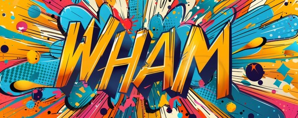 Playful pop art background featuring "WHAM." Dynamic patterns, Comic book elements, Bright vector
