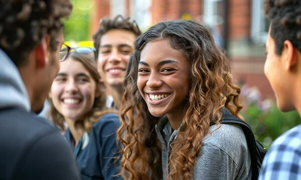 Youthful Laughter: A group of diverse teenagers share joyful laughter and connection in an outdoor setting, capturing the essence of friendship and carefree moments.