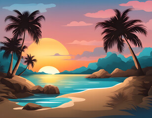 Fototapeta premium Tropical sunset with sea, island, palm trees and wonderful evening sky with clouds background