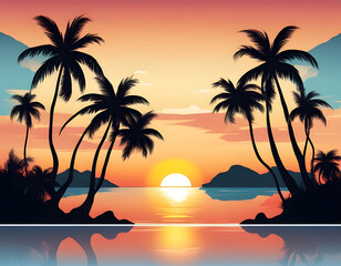 Obraz premium Tropical sunset with sea, island, palm trees and wonderful evening sky with clouds background