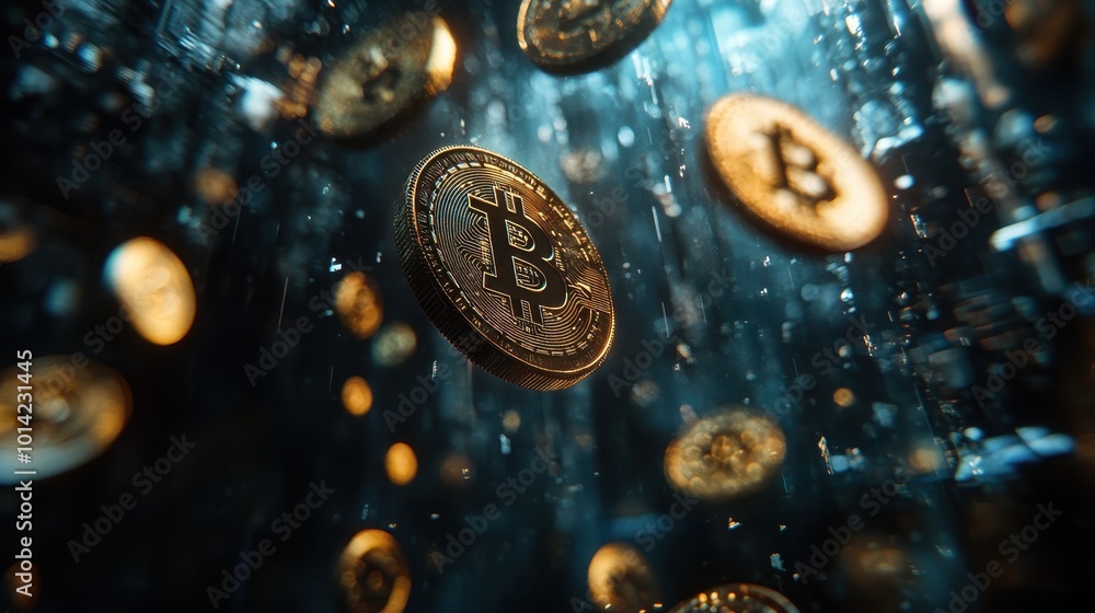 Poster floating digital currency symbols on a dark background