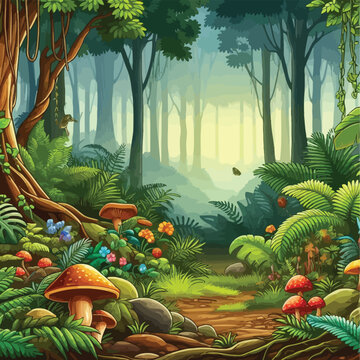 Tropical rainforest floor, rich with ferns, mushrooms vector illustration 