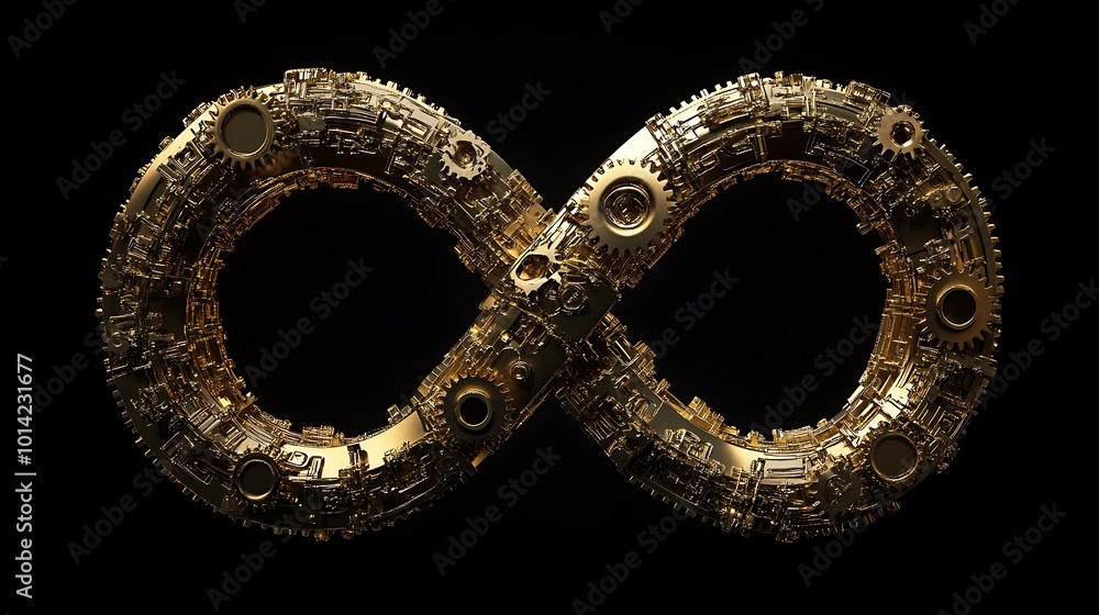 Poster a golden infinity symbol made of intricate gears and cogs against a black background.
