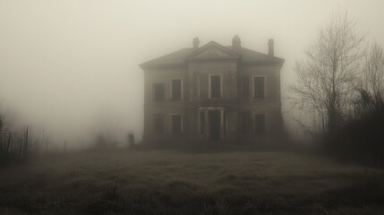 The silhouette of an old mansion lost in fog, with faint ghostly shapes peering through dusty windows, creating a ghostly scene.