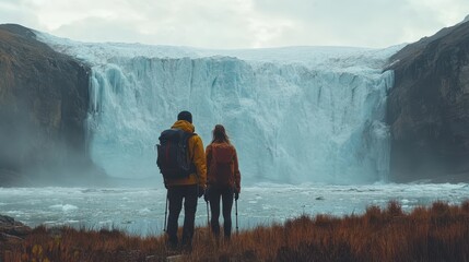 Hikers in awe in front of a glacier wall in the mountains
