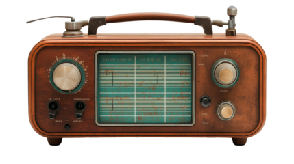 A vintage brown radio with a handle, multiple knobs, and an old-fashioned tuning display for adjusting frequency. ..