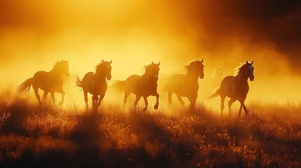 Sunset Stampede: Horses Galloping in Golden Light