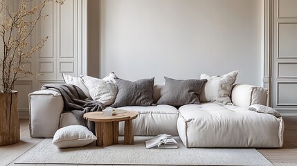 A White Sectional Sofa with Pillows and a Wooden Coffee Table in a Minimalist Room