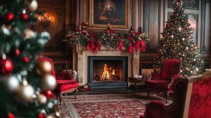 Fototapeta premium View of the room with a fireplace. Festive decorations and a Christmas tree.