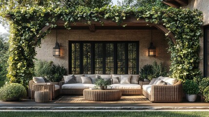 Obraz premium Cozy outdoor seating area surrounded by greenery and plants.