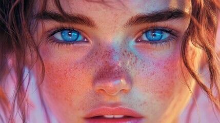 Fototapeta premium Generative AI illustration of close-up of a young woman with freckles, tousled hair, and blue eyes against a pastel background
