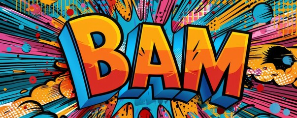 Colorful pop art background with "BAM" inside. Comic book style, Dynamic patterns, Bright vector
