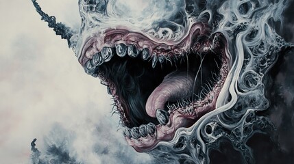 Naklejka premium Surreal Creature with Open Mouth and Sharp Teeth - Dark Abstract Art