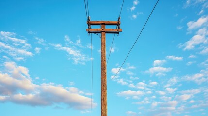 Utility pole with wire, carrying electricity and power, energy distribution through cables, set against a blue sky, with electric technology