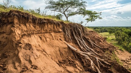 Hillsides showing signs of soil erosion after heavy rainfall, with exposed roots and earth
