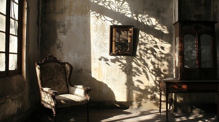 An Old Chair and Cabinet in a Sunlit Room with Cracked Walls and Shadowy Windows