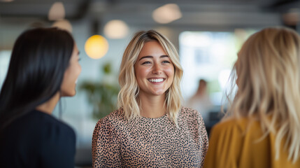 Three women smiling and chatting in a modern office space with natural light