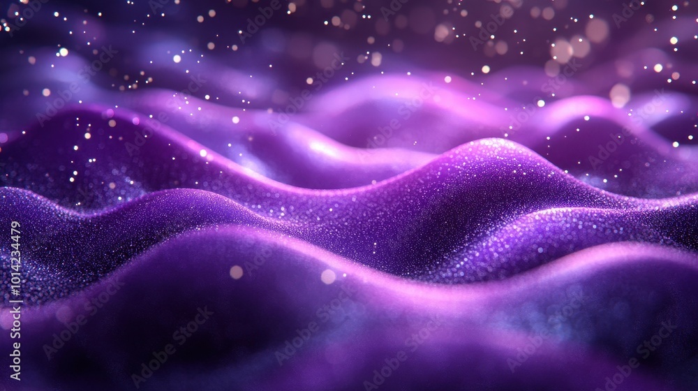 Poster digital purple particles wave and light abstract background with shining dots stars.