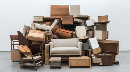 A Pile of Discarded Wooden Furniture and a White Sofa