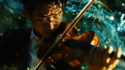Fototapeta premium Violinist Playing in the Water: A Dramatic Portrait