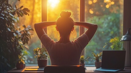 Woman stretching in home office at sunrise with nature view