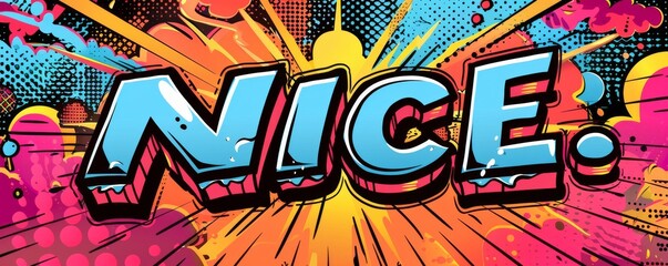 Energetic pop art background featuring "NICE." Explosion theme, Dynamic visuals, Vibrant vector