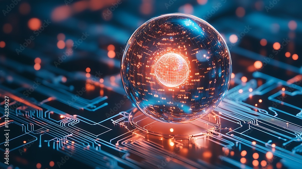 Poster a glowing orb encased in a transparent sphere rests on a complex circuit board.