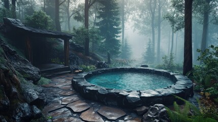 Fototapeta premium Serene Hot Tub in Misty Forest