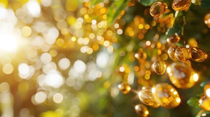 Enchanting autumn forest scene with warm golden sunbeams filtering through the lush green foliage and creating a soft ethereal bokeh effect