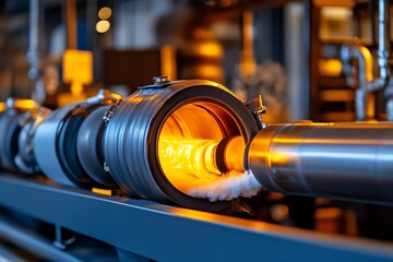 Obraz premium Interstellar warp drive core glowing in a dimly lit engine room, surrounded by steam and pipes, ready for space travel