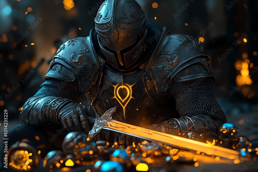 Poster knight in shining armor preparing a sword, surrounded by glowing light and mystical objects, getting