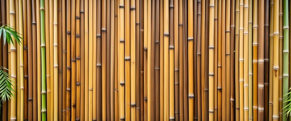 Texture of a Bamboo Fence with Brown Wood Wall and Tropical Plants