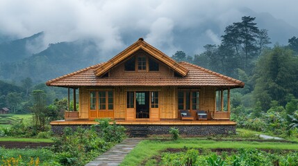 Fototapeta premium Bamboo House in a Lush Mountain Valley