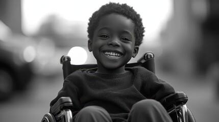 black smiling kid in a wheelchair