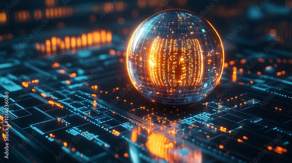 Poster A glowing sphere sits on a circuit board with binary code.
