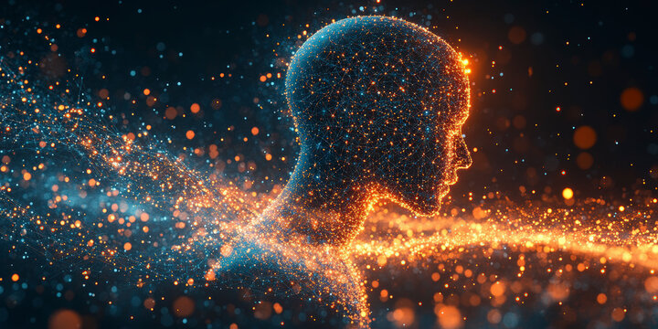 A digital, abstract silhouette of a human head made of glowing particles, symbolizing technology, AI, and data visualization.