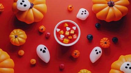 Halloween-themed pumpkin, ghost recipes, flat design, top view, 3D render, Triadic color scheme, spooky and delicious drinks