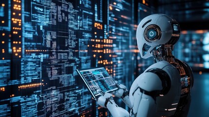 Artificial intelligence robot analyzing data on digital interface