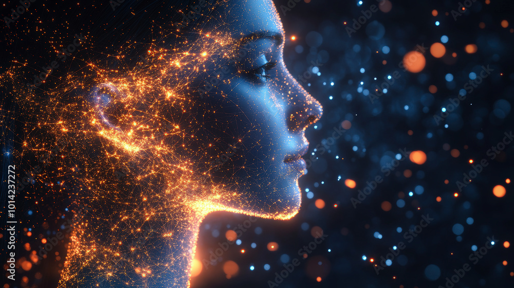 Poster a digital rendering of a human-like face composed of glowing particles, blending seamlessly with a b