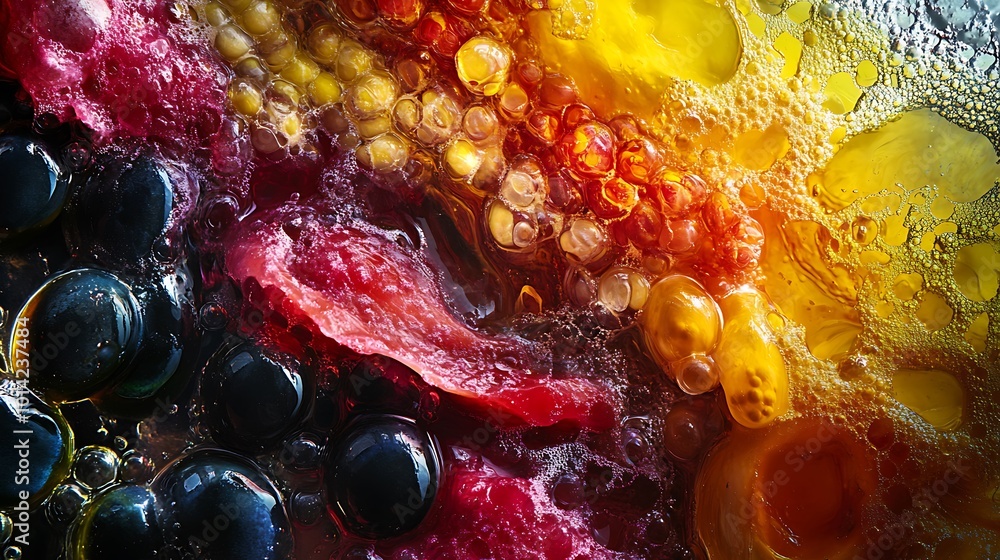 Poster abstract colorful liquid with bubbles and patterns