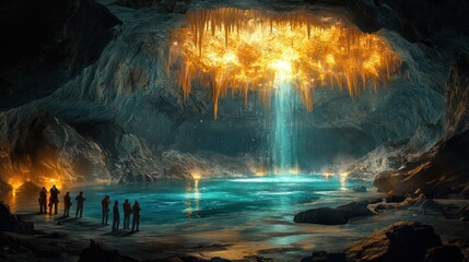 A glowing cave with a waterfall and silhouettes of explorers.