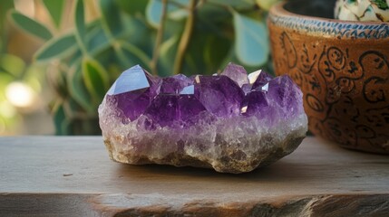 Large raw amethyst crystal, with deep purple hues shining under soft ambient light