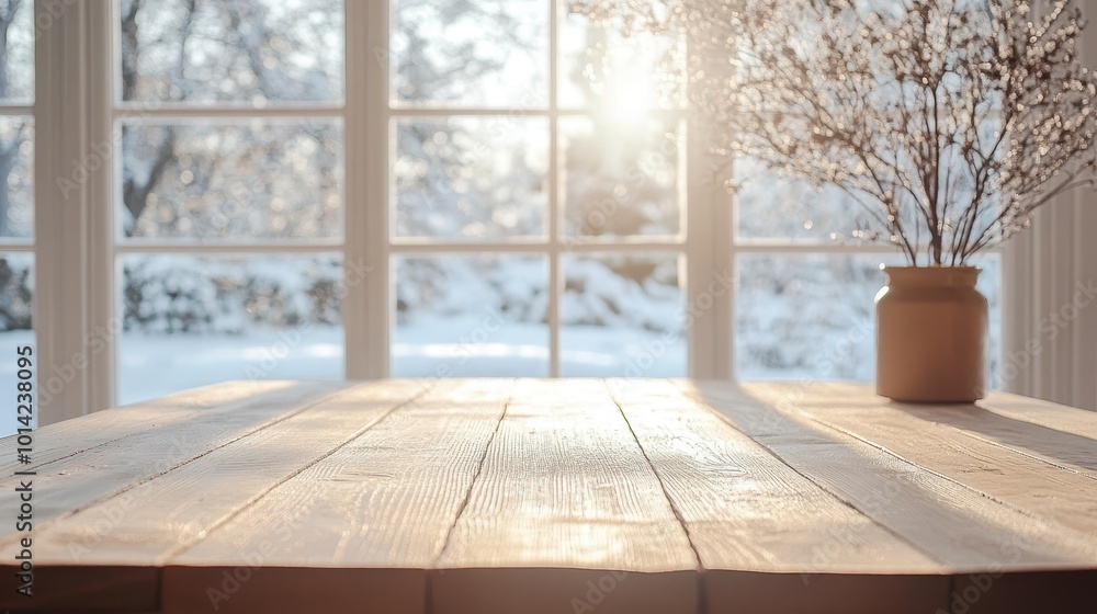 Aufkleber empty table and winter window in background