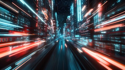 Fototapeta premium Moving forward motion blur background with light trails ,night scene. 